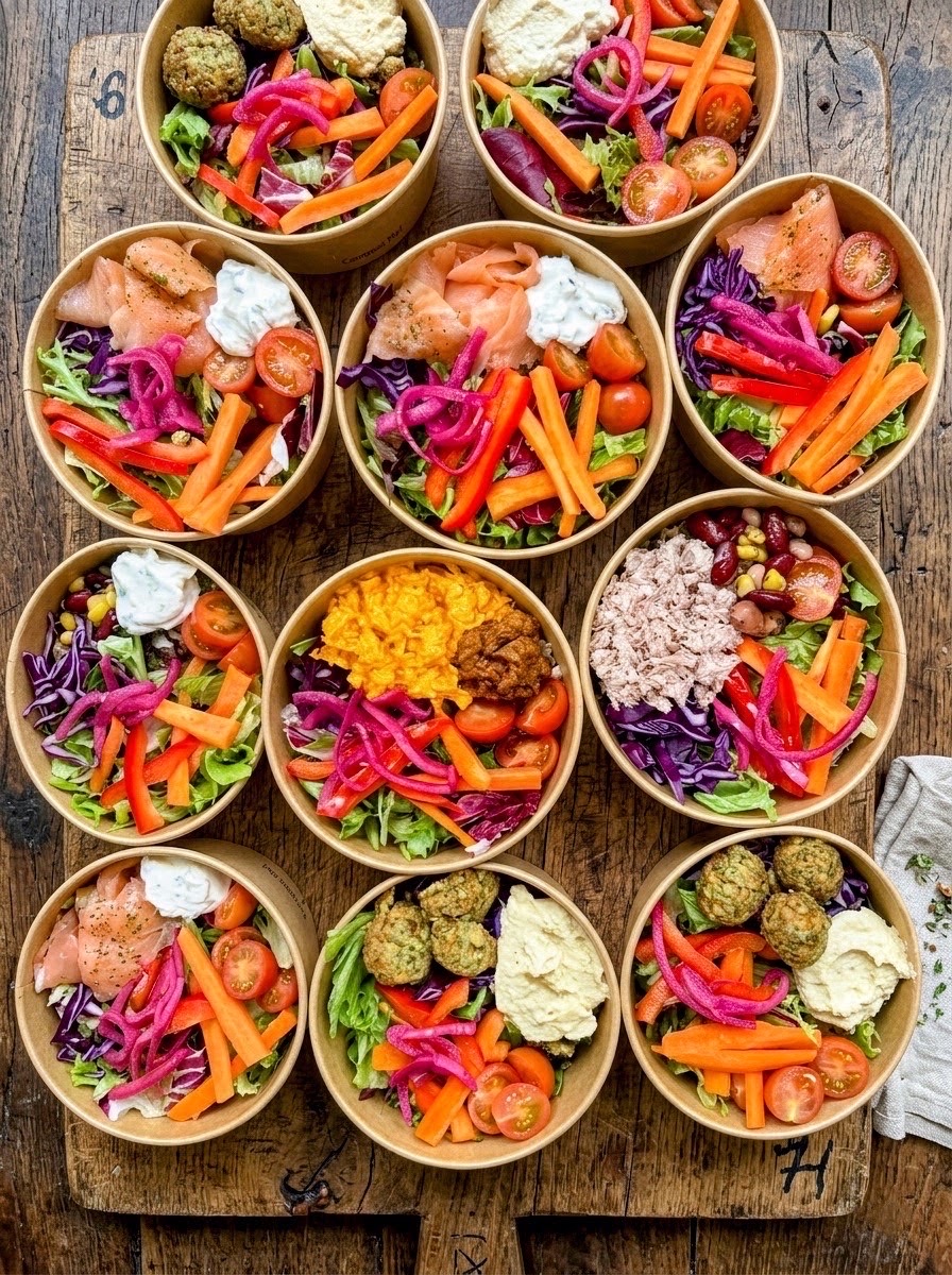 Twelve individual salad bowls with smoked salmon, falafel, tuna and fresh vegetables