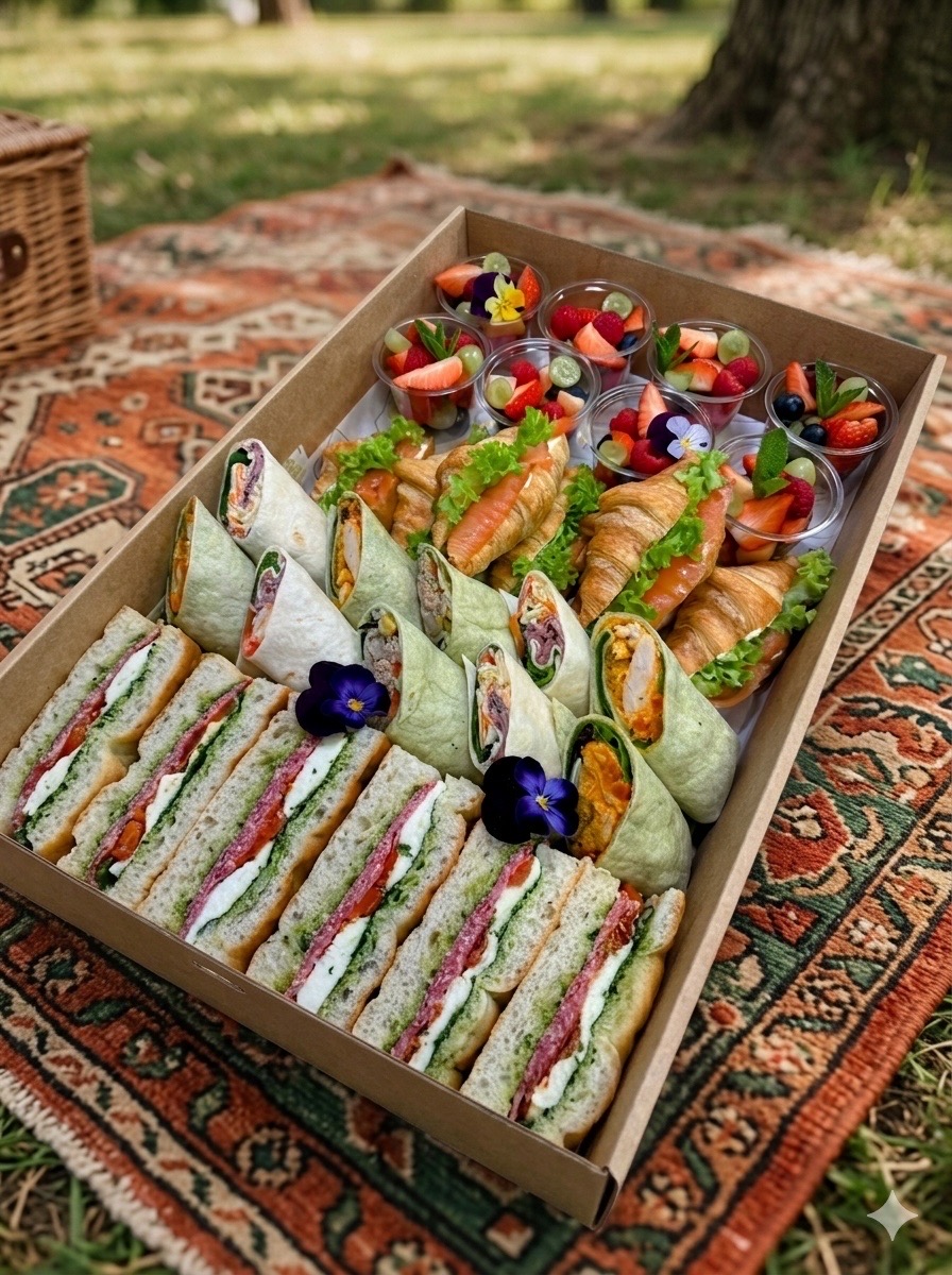 A catering box of sandwiches, wraps and fruit pots laid out for an outdoor event