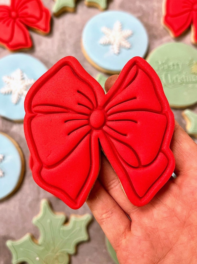 Hand holding an iced Christmas cookie