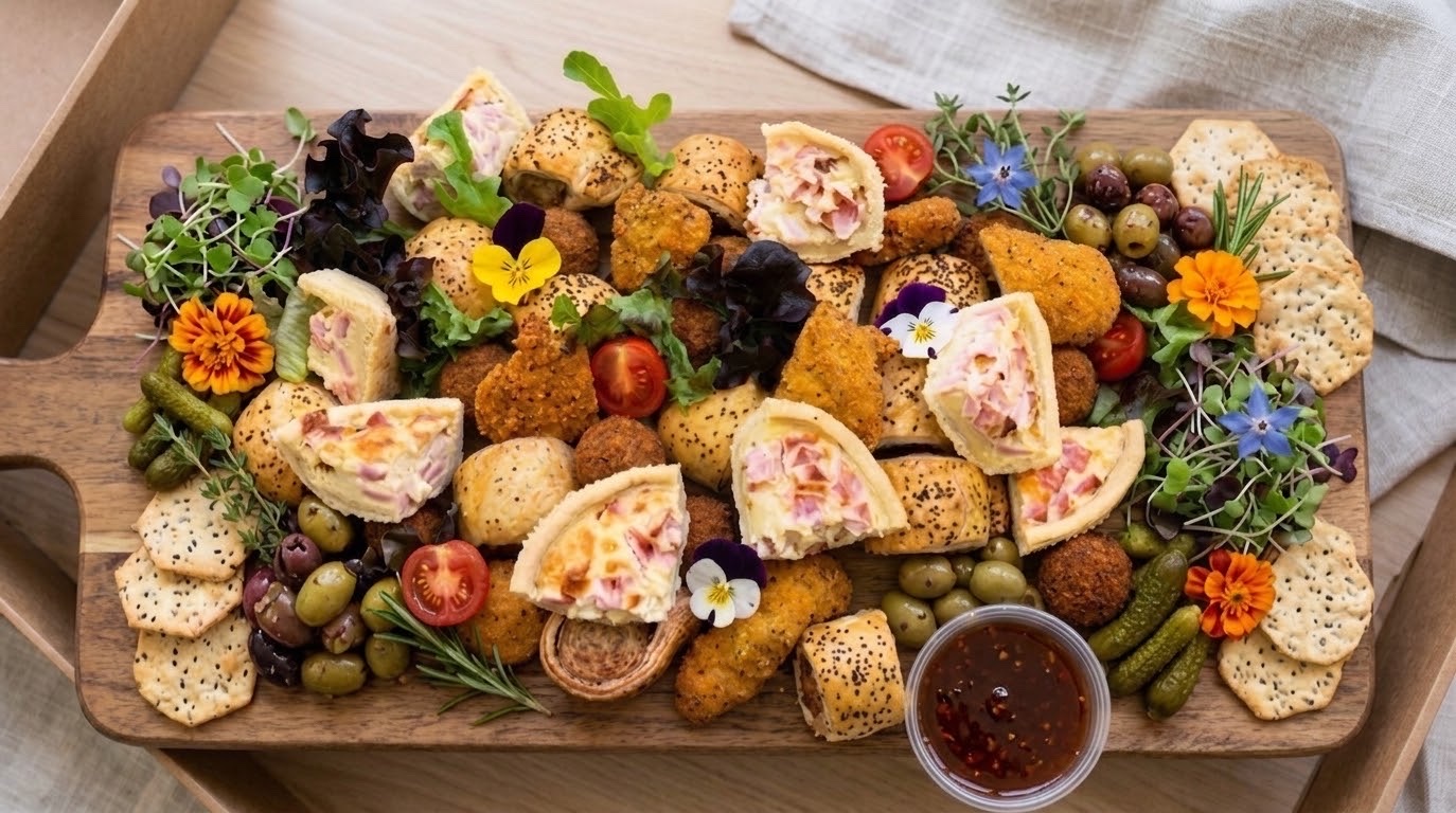 A wooden board of savouries &mdash; sausage rolls, quiche, goujons, olives, crackers and salad, finished with edible flowers