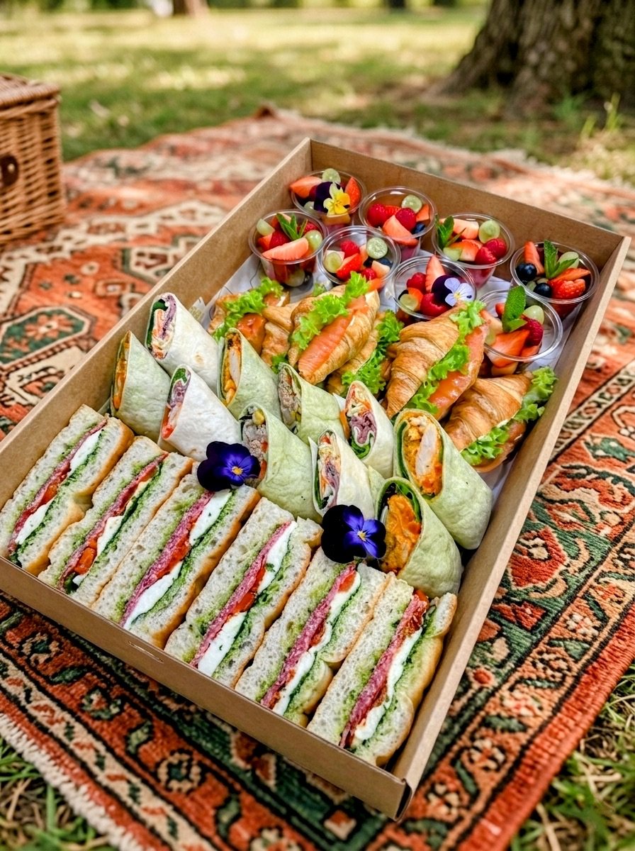 A catering box of focaccia sandwiches, wraps, smoked salmon croissants and fresh fruit cups, laid out on a rug