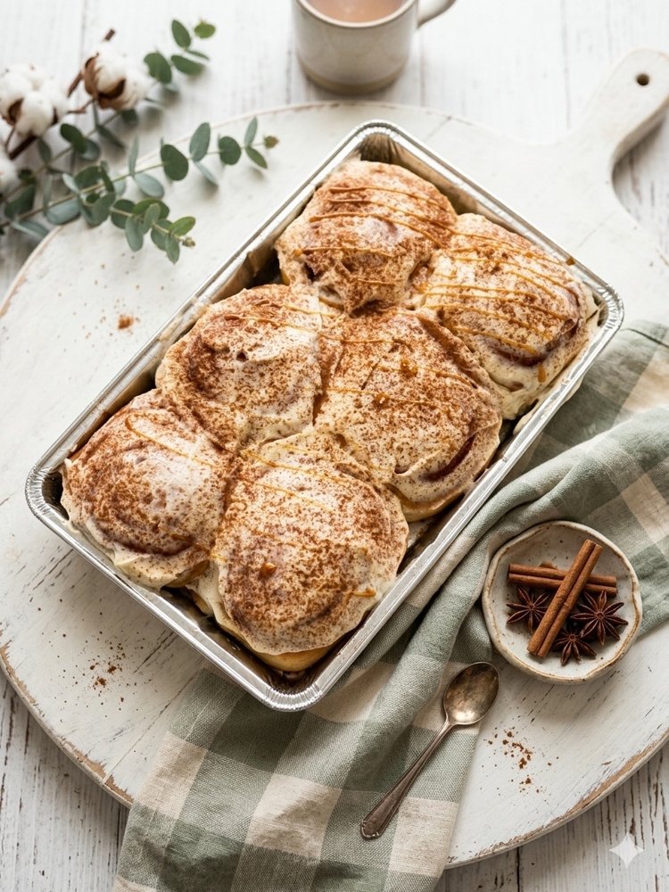 A tray of iced cinnamon rolls dusted with cinnamon