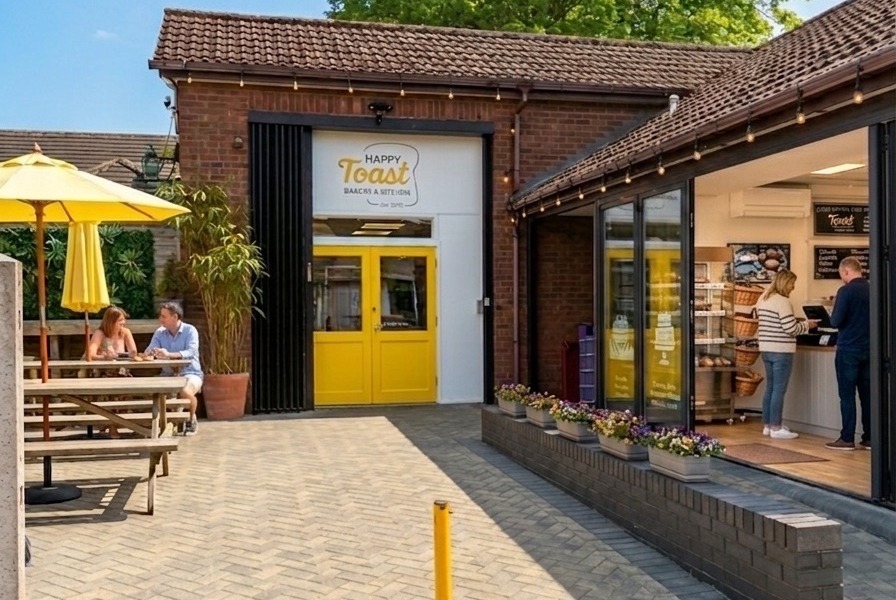 The Happy Toast shopfront on a sunny day &mdash; open glass frontage, yellow doors, festoon lights and courtyard tables under a parasol