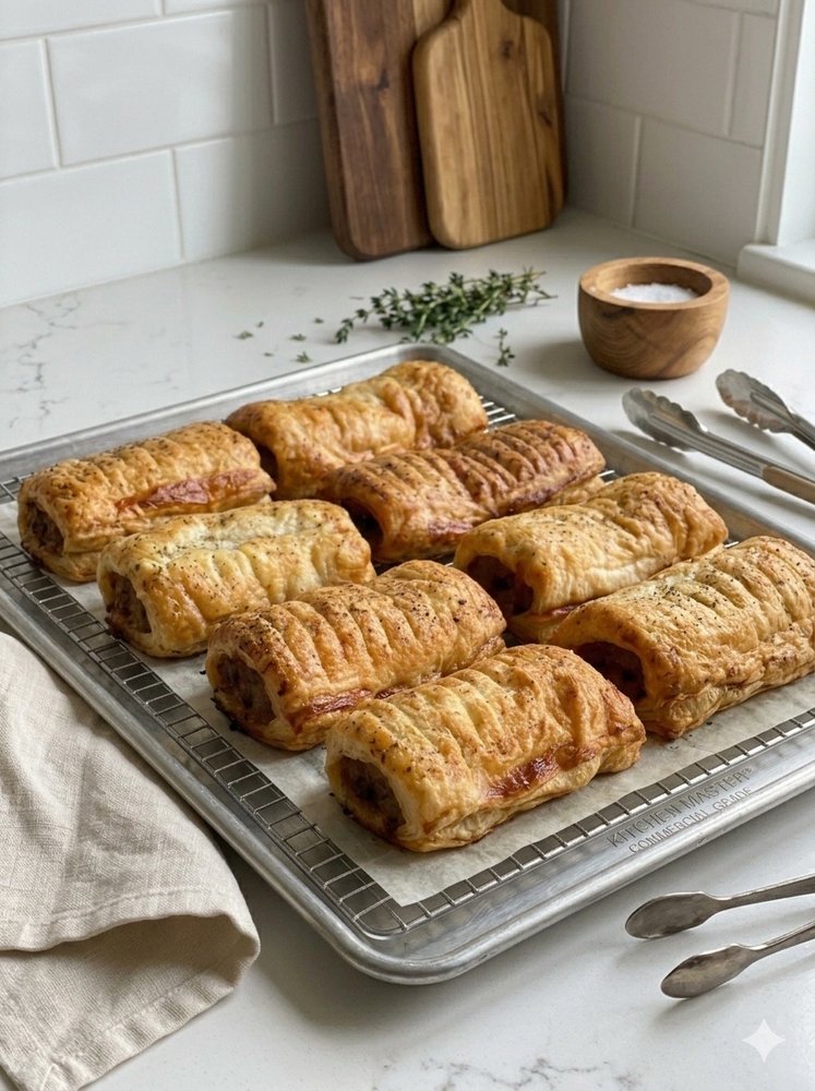 A tray of freshly baked sausage rolls cooling on a rack