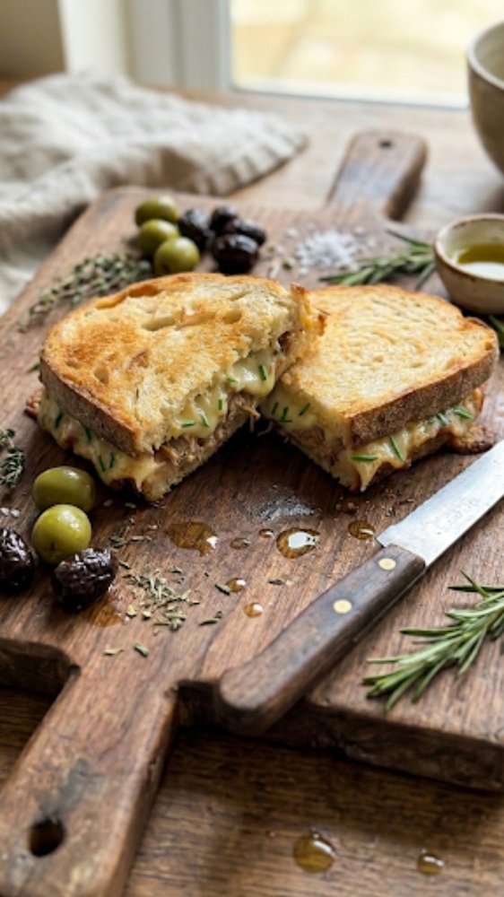 A toasted sourdough sandwich cut in half on a board with olives and rosemary