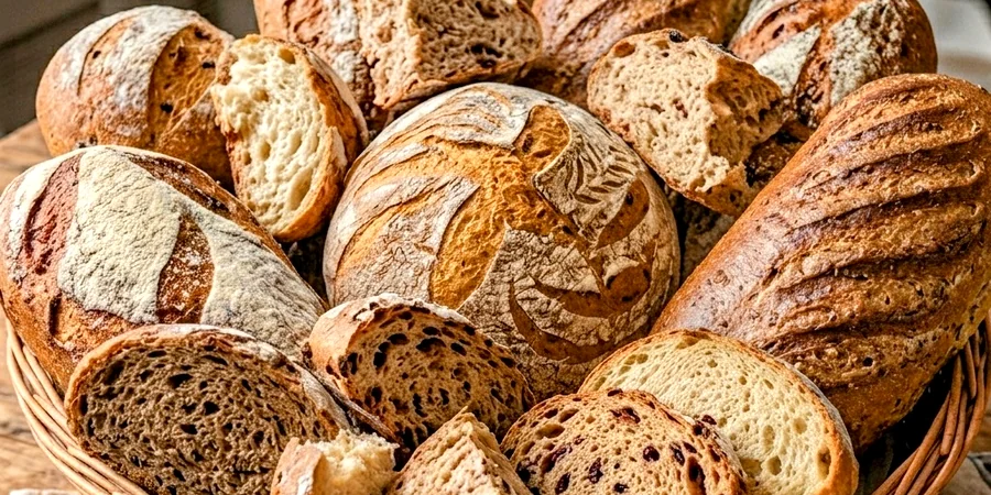 A basket of sliced sourdough loaves showing the crumb